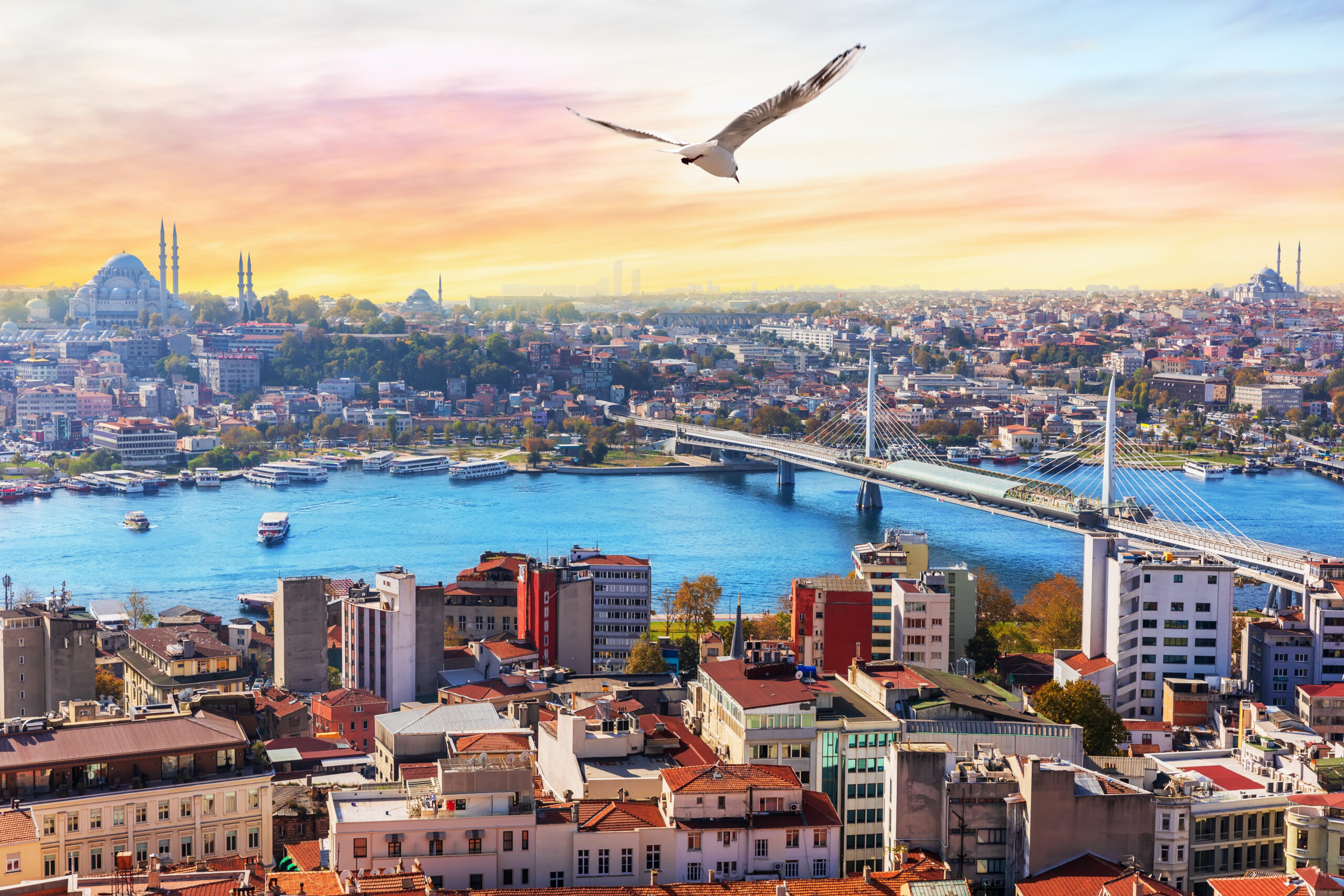 Halic Metro Bridge and the Suleymaniye, view on the Fatih district of Istanbul, Turkey.