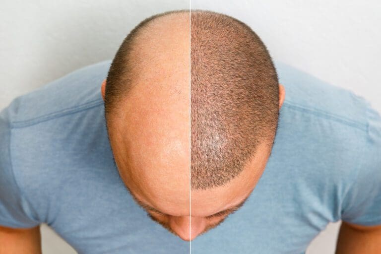 The head of a balding man before and after hair transplant surgery. A hair transplant clinic. Treatment of baldness