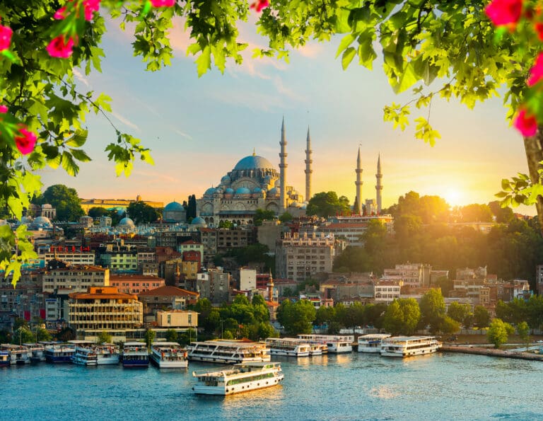 Sunset in Istanbul city with the view on Golden horn bay