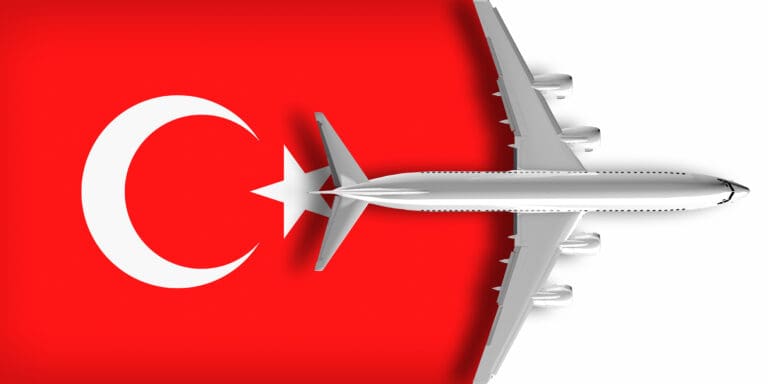 3D flag of Turkey with an airplane flying over it