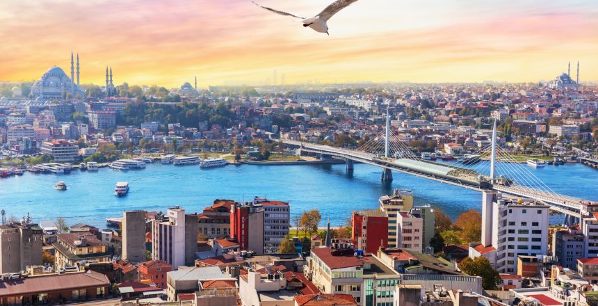 Halic Metro Bridge and the Suleymaniye, view on the Fatih district of Istanbul, Turkey.